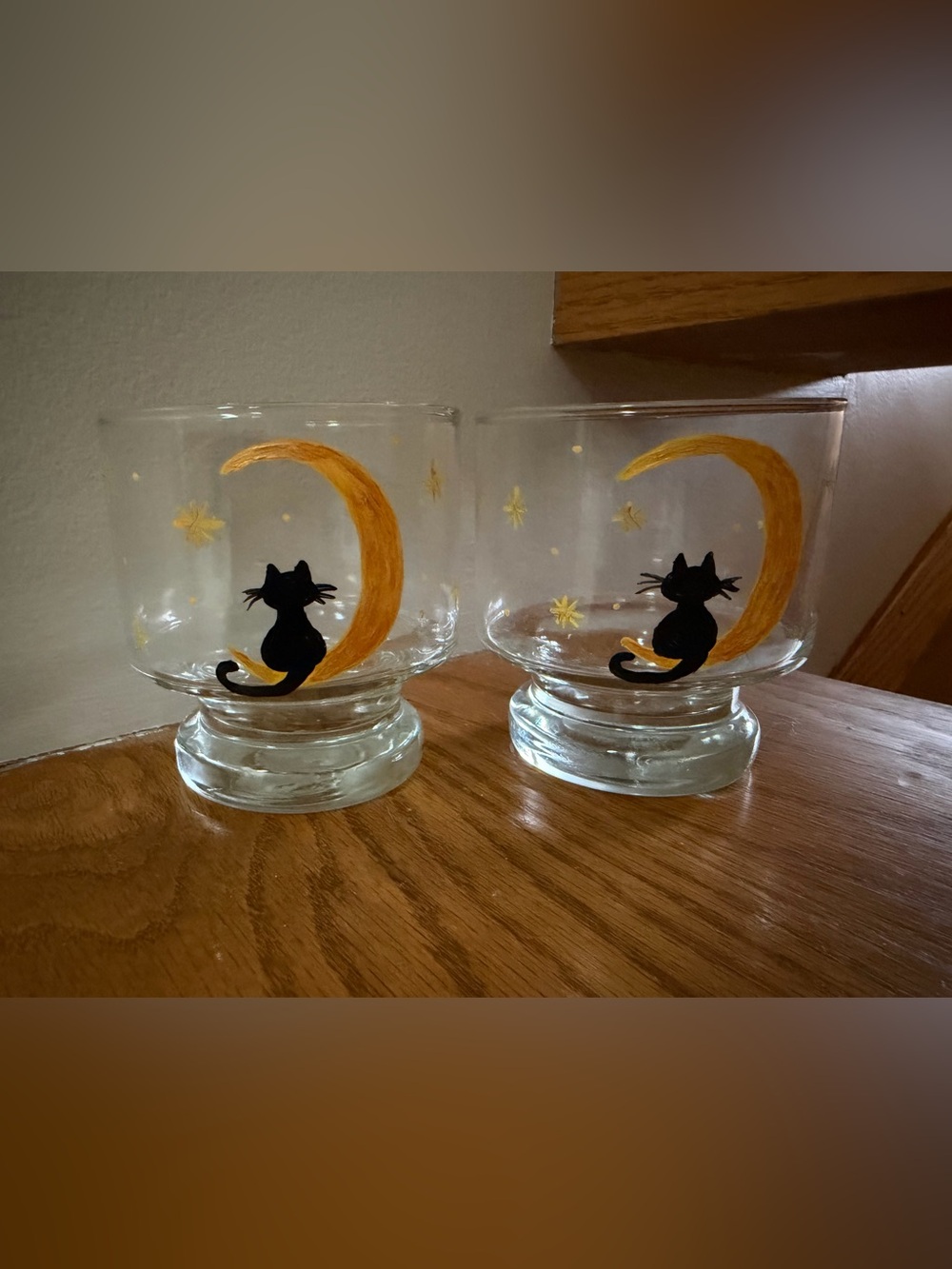 2 Black Cat Halloween Moon Drinking Glass Tumblers Hand Painted Cups